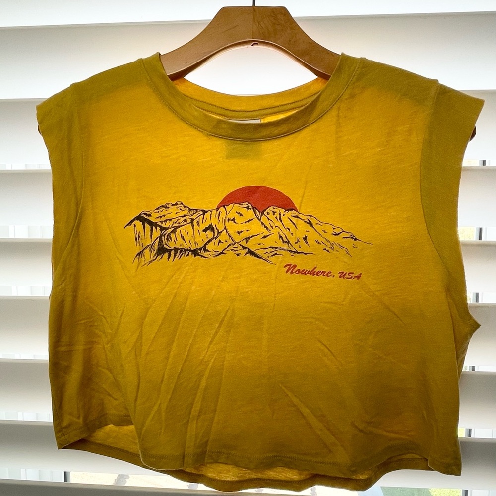 Mustard Yellow Mountain Graphic Crop Muscle Tank Top